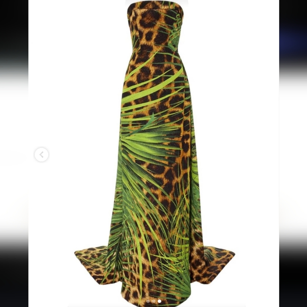 Strapless Leopard and Palm Print Maxi Dress Novaluxe Size 1x Nwot